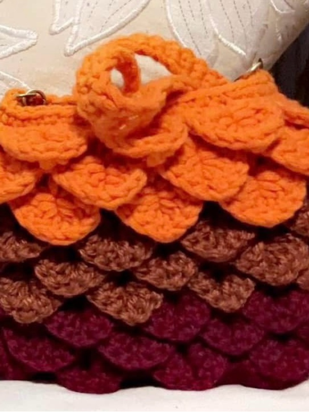 Handmade Crochet Scallop Clutch in Orange, Brown & Wine
